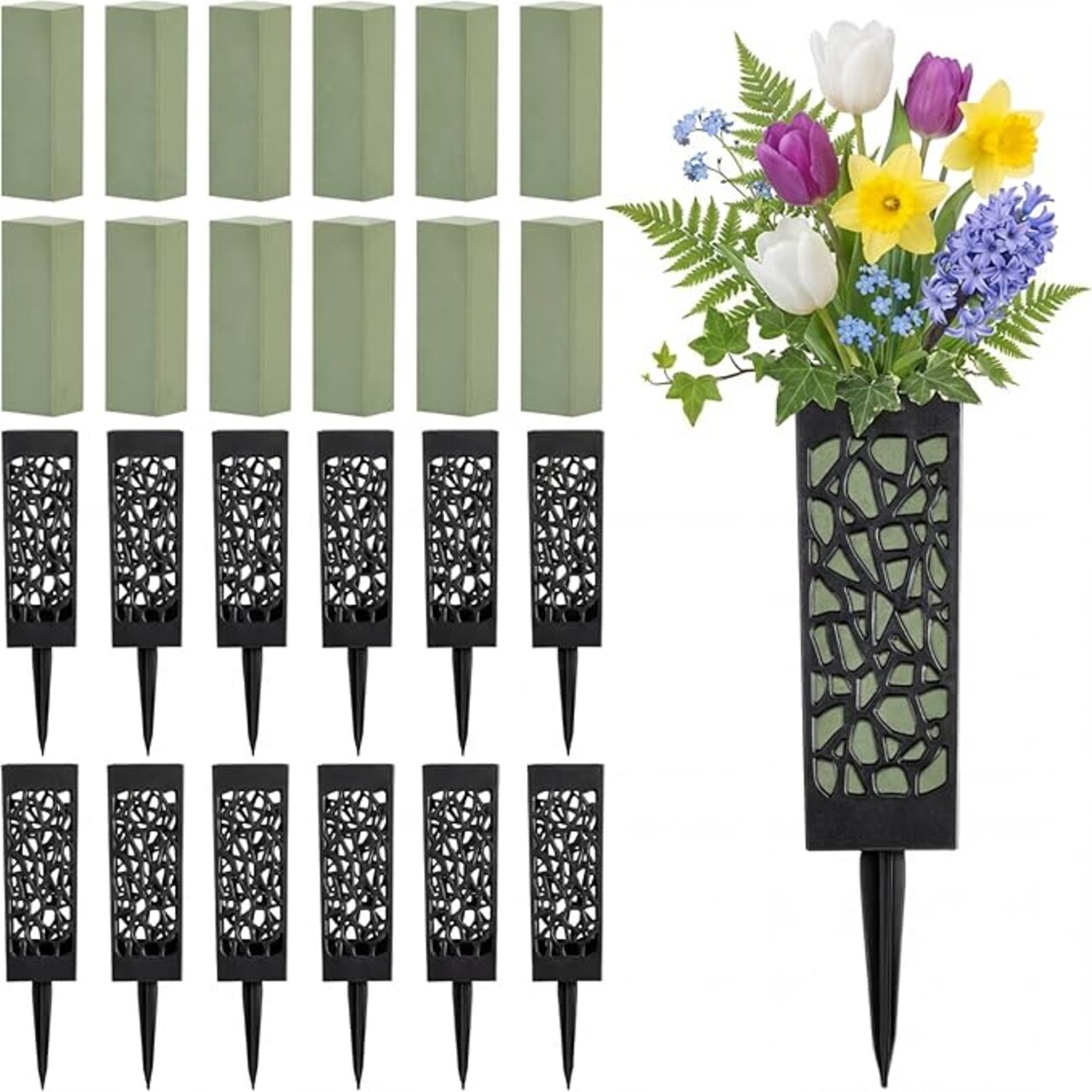 24 Pcs Cemetery Vases for Grave Flower Holders with Ground Spikes 12 Inch Outdoor Memorial Vase for Headstone Decorations Memorial Day Grave Flowers Garden Stake Vase for Cemetery Decoration